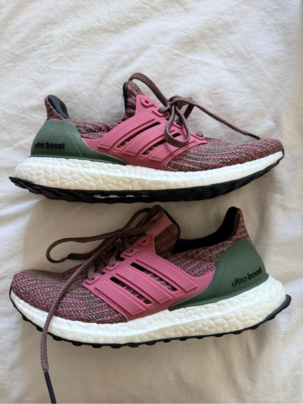adidas Pink and Green Knit Ultra Boost Running Shoes